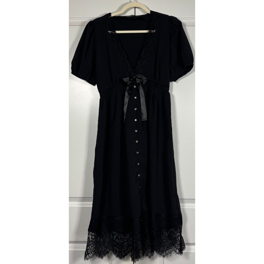 Disturbia Womens Mortuary Lace Button Up Midi Dress Black V-Neck Puff Sleeve 4